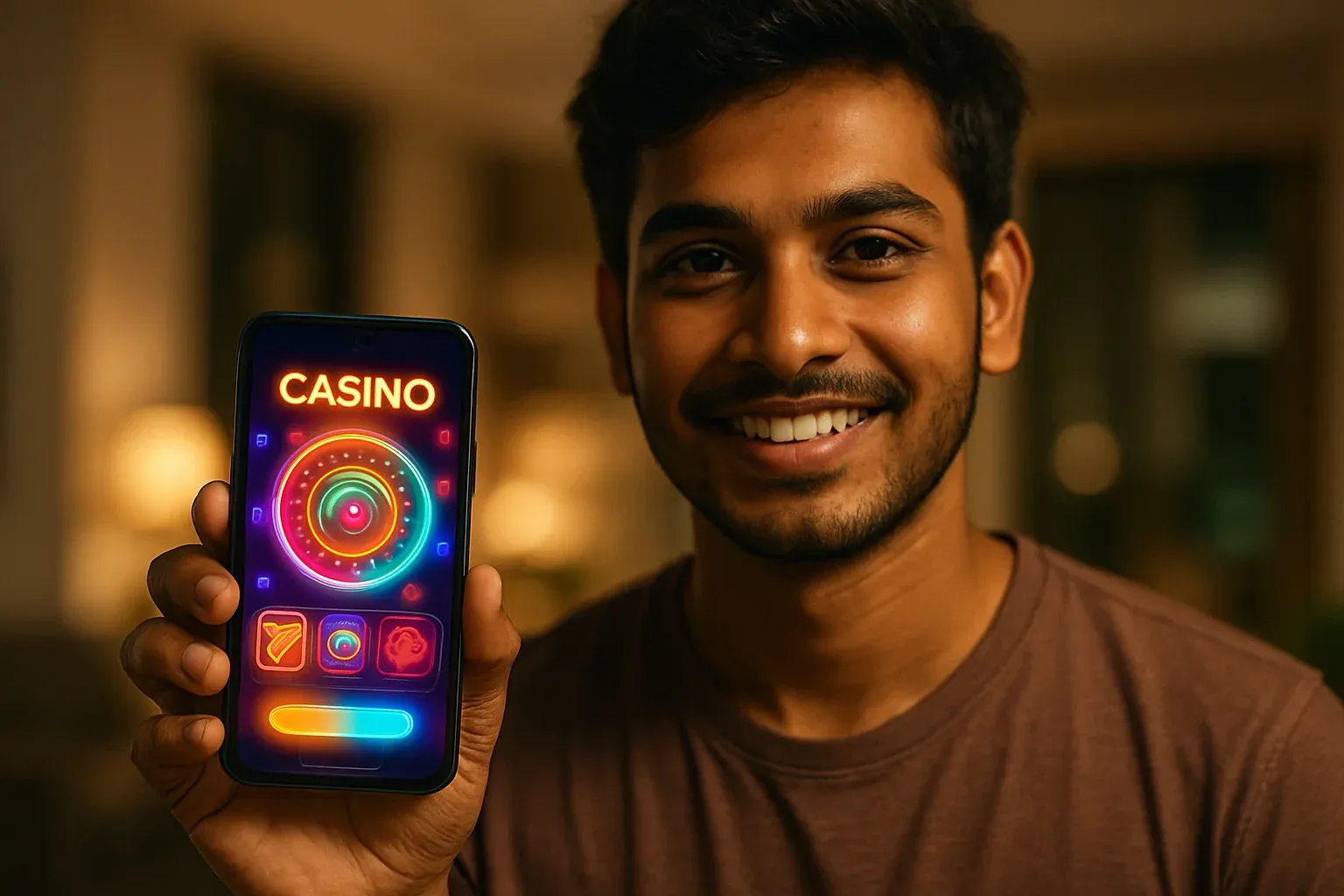 Young Bangladeshi man smiling, holding smartphone with colorful casino app interface