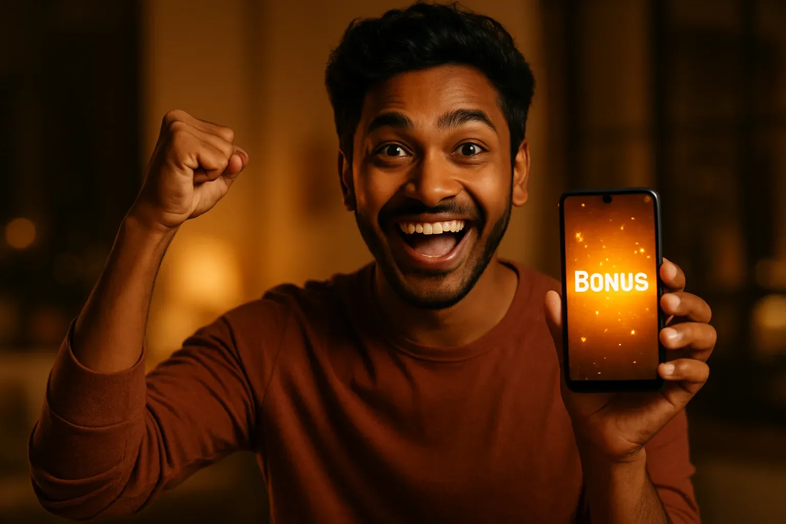 Joyful Bangladeshi man holding smartphone with glowing bonus notification screen