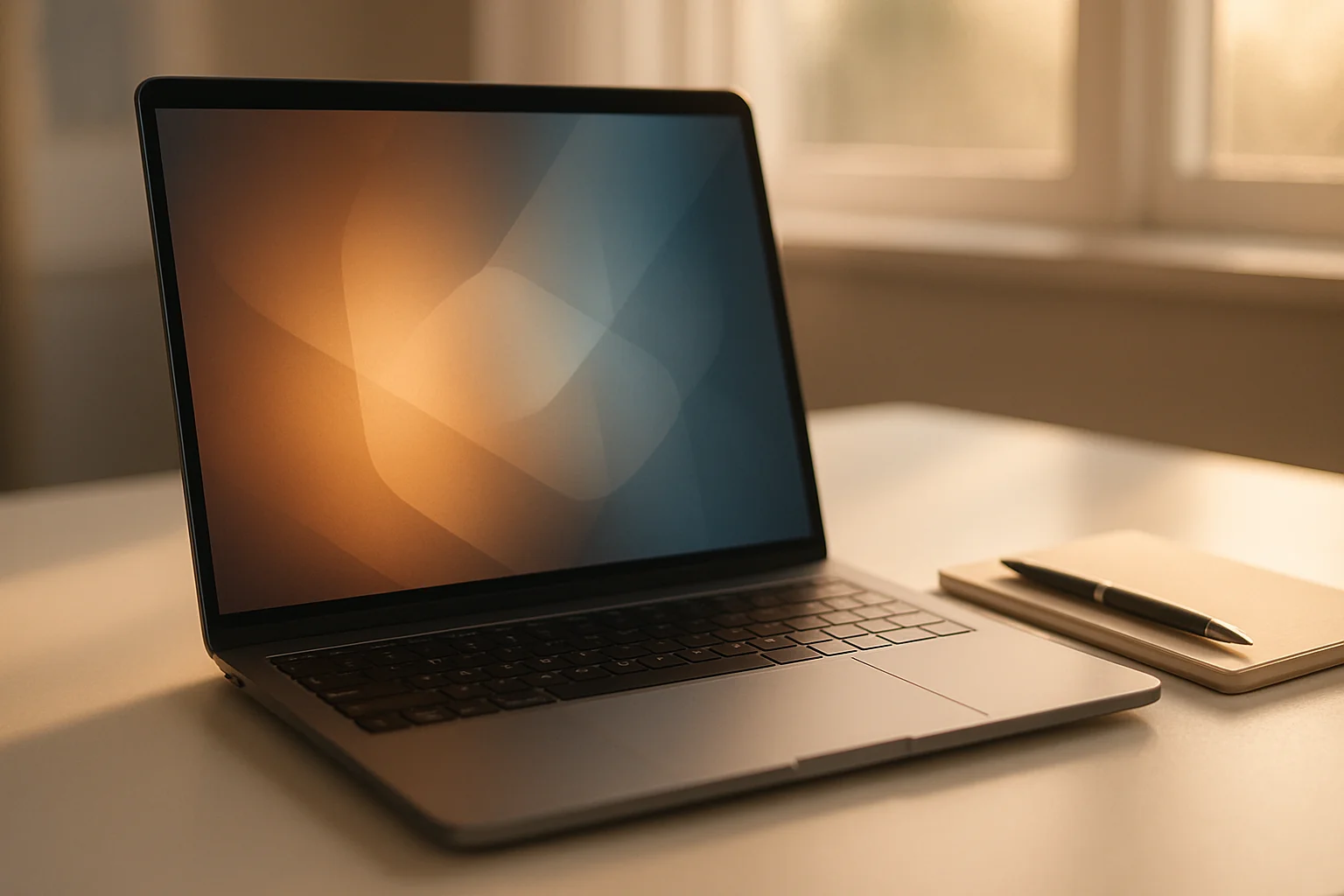 Modern laptop on white desk with abstract glowing screen
