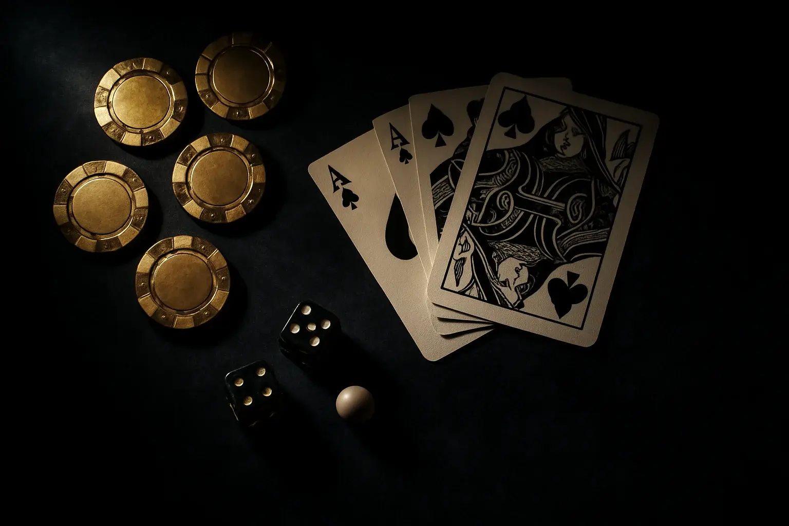 Top-down casino scene with golden chips, cards, dice, and roulette ball