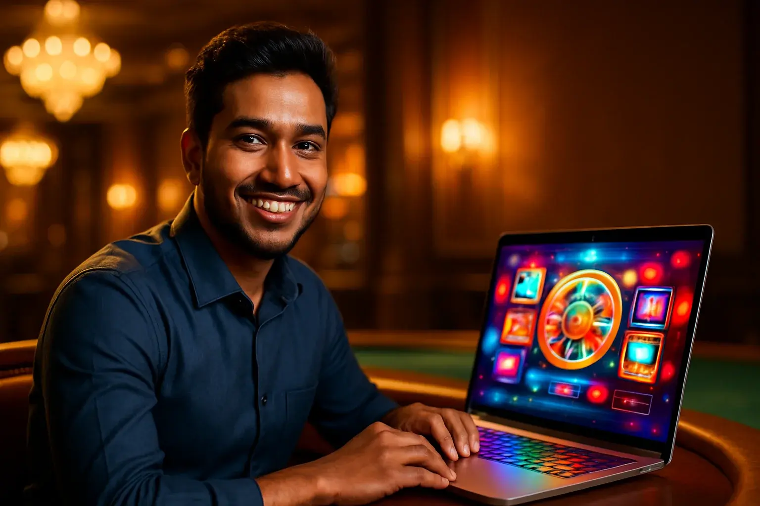 Cheerful Bangladeshi man with open laptop showing colorful casino interface