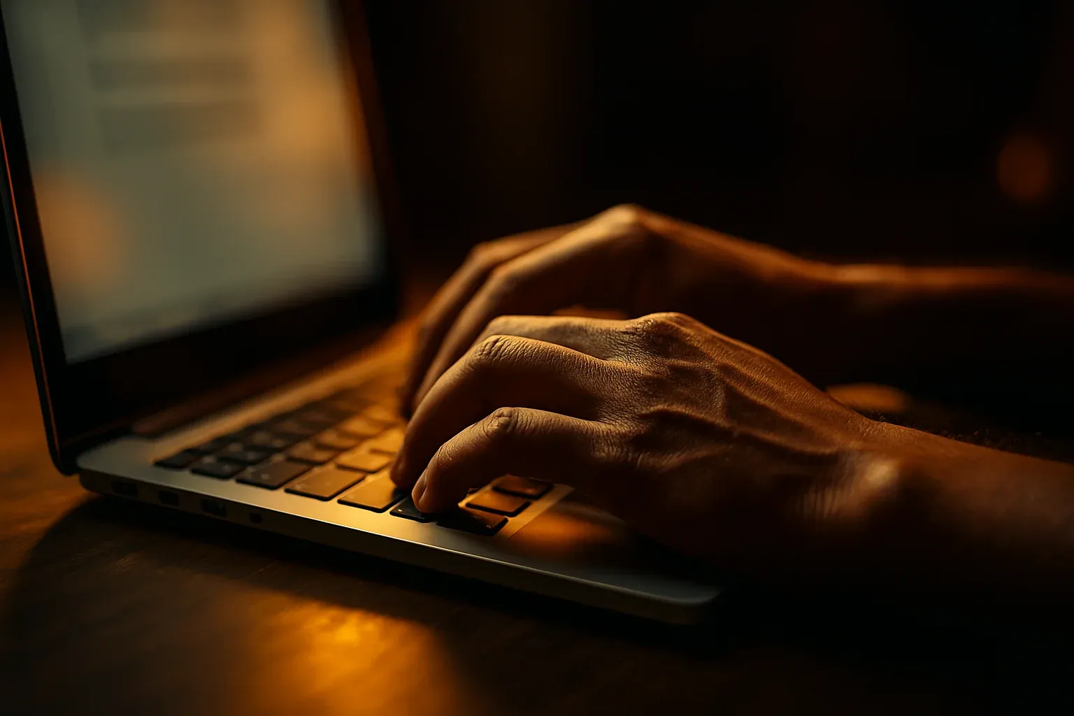 Bangladeshi man's hands typing on modern laptop keyboard in dramatic light