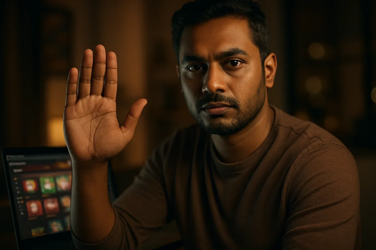 Bangladeshi man making stop gesture near laptop for responsible gambling awareness