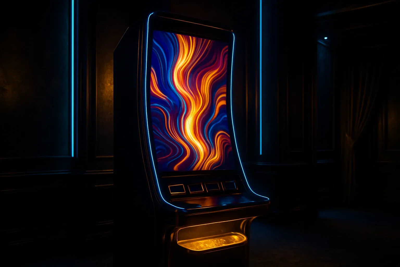 Hyperrealistic premium slot machine in dark luxury setting with neon lighting